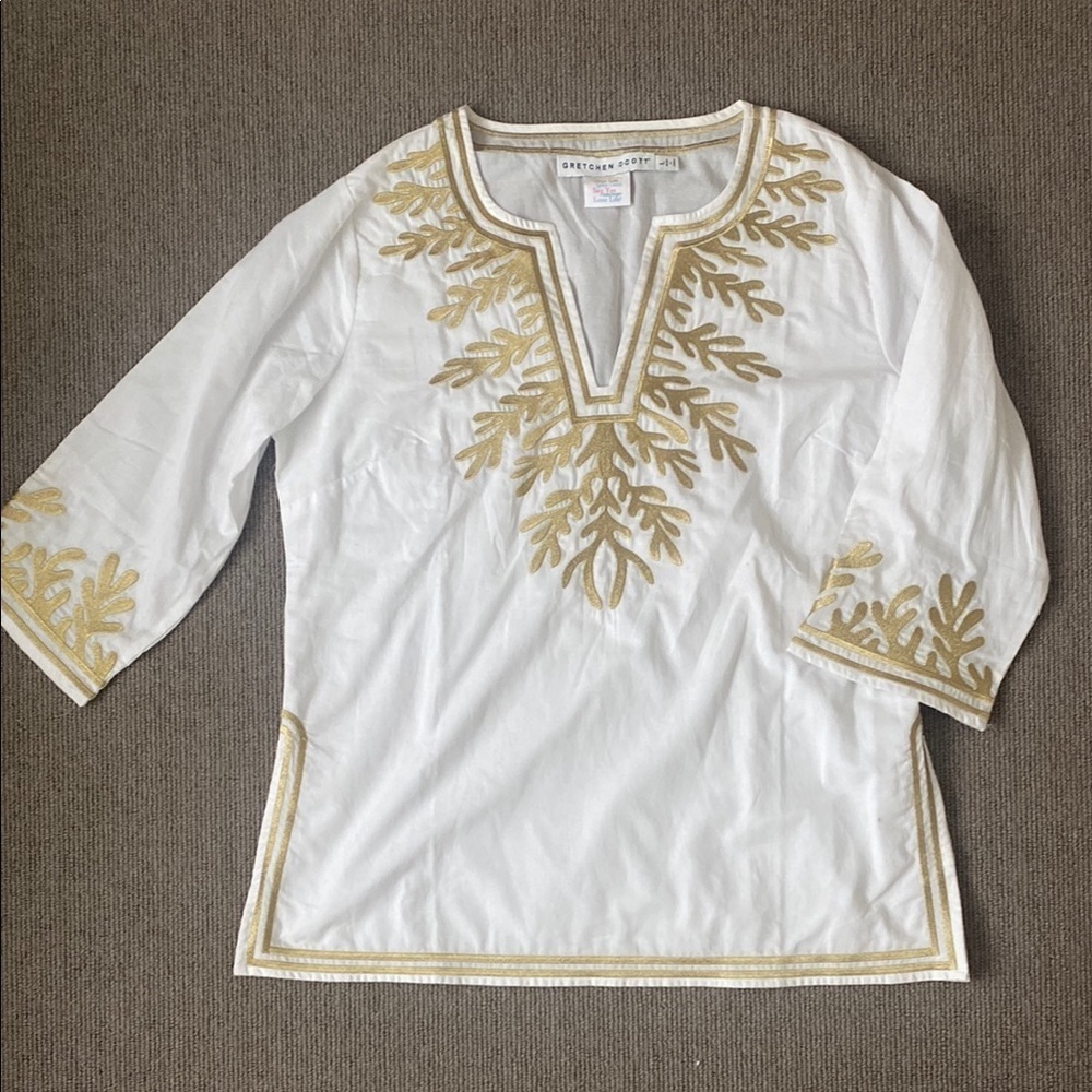 Gretchen Scott White and Gold Embroidered Women's TunicTop sz L NWOT - Picture 2 of 9